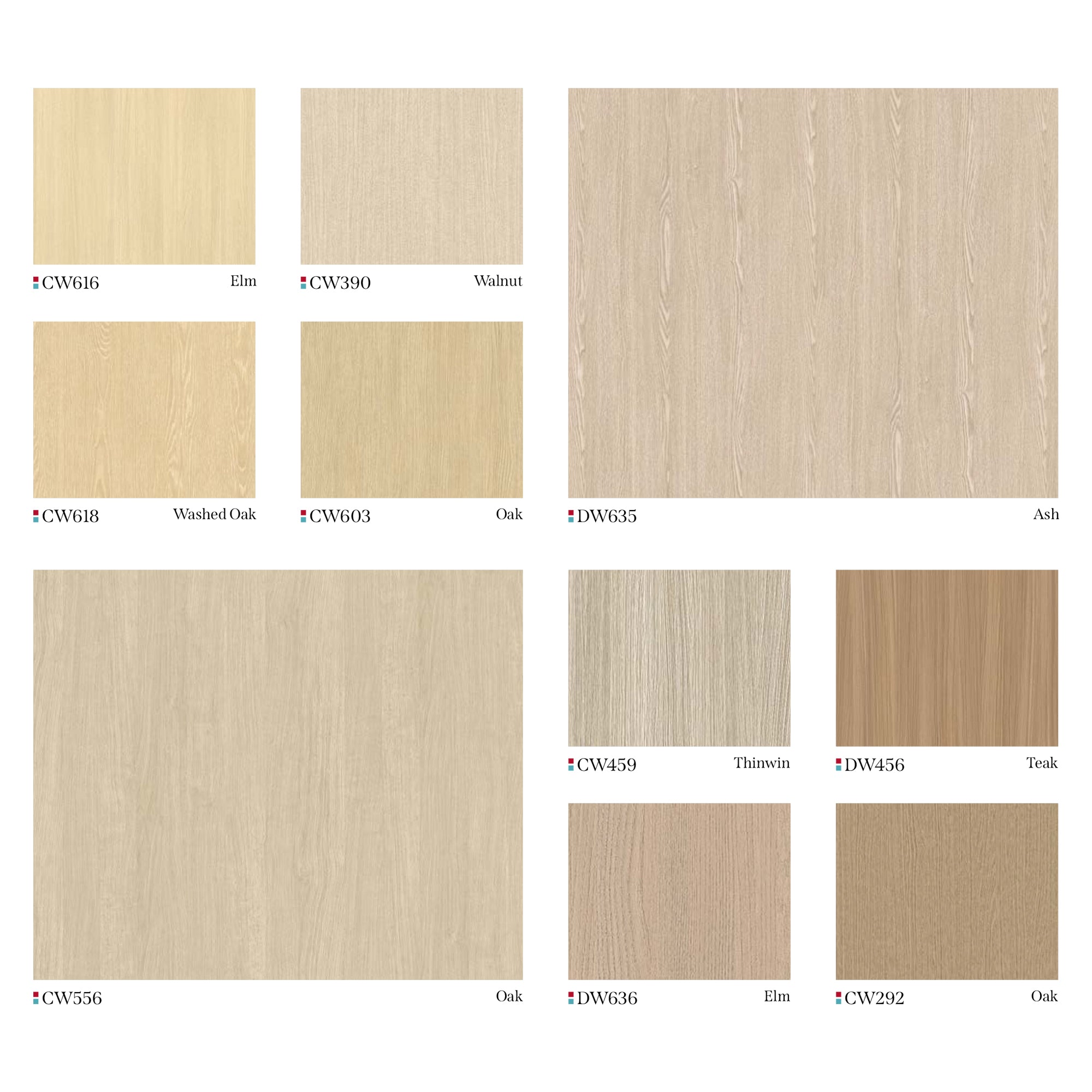 Light-Toned Wood Grain Swatches - Elm, Washed Oak, Walnut, Ash, Teak, and Oak Varieties