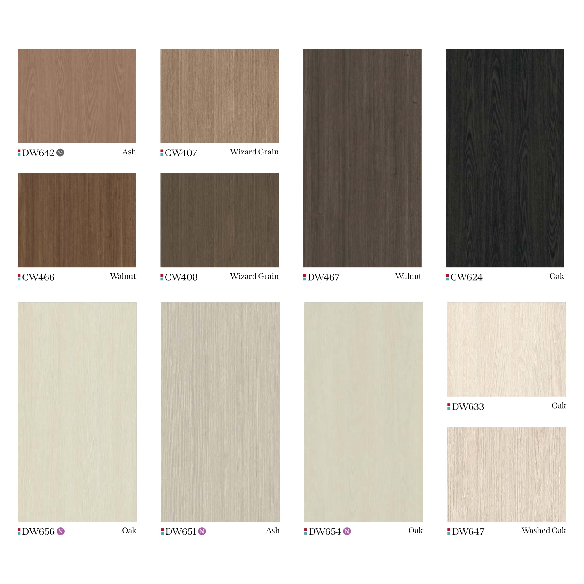 Wood Grain & Solid Color Swatches - Ash, Walnut, Oak, and Washed Oak Varieties