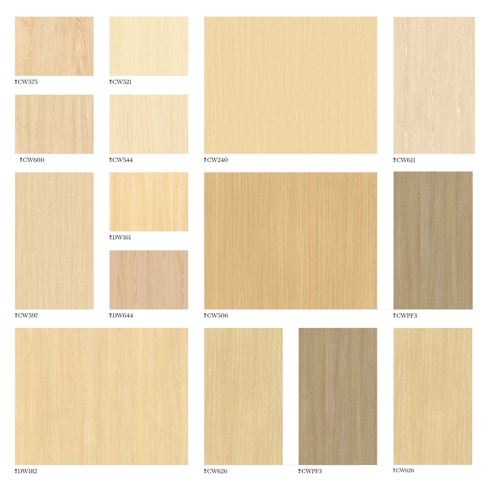 Extensive Range of Light Wood Grain Finishes and Solid Color Swatches for Interior Applications