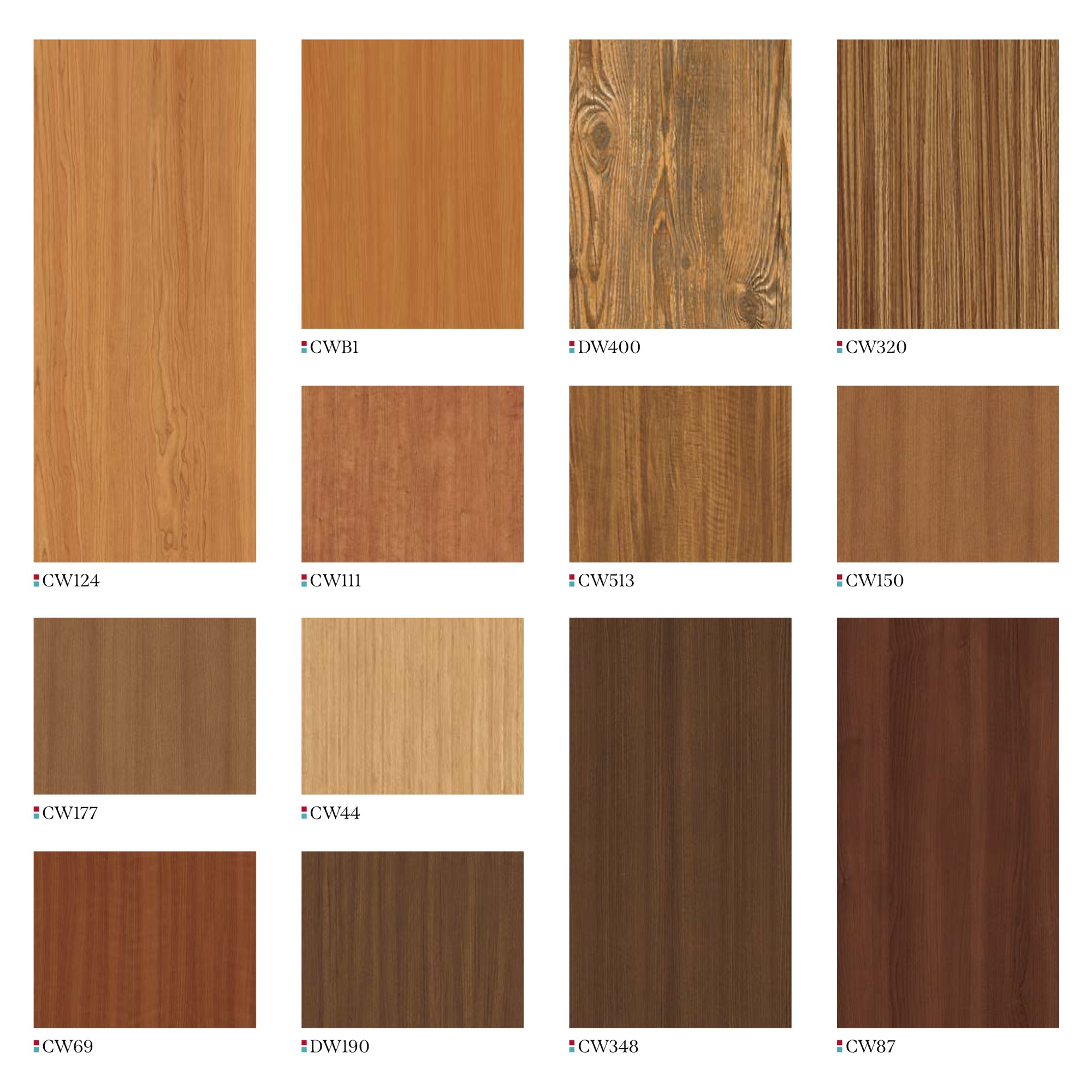 Various Rich Wood Grain Finishes - From Light to Dark Tones and Diverse Patterns