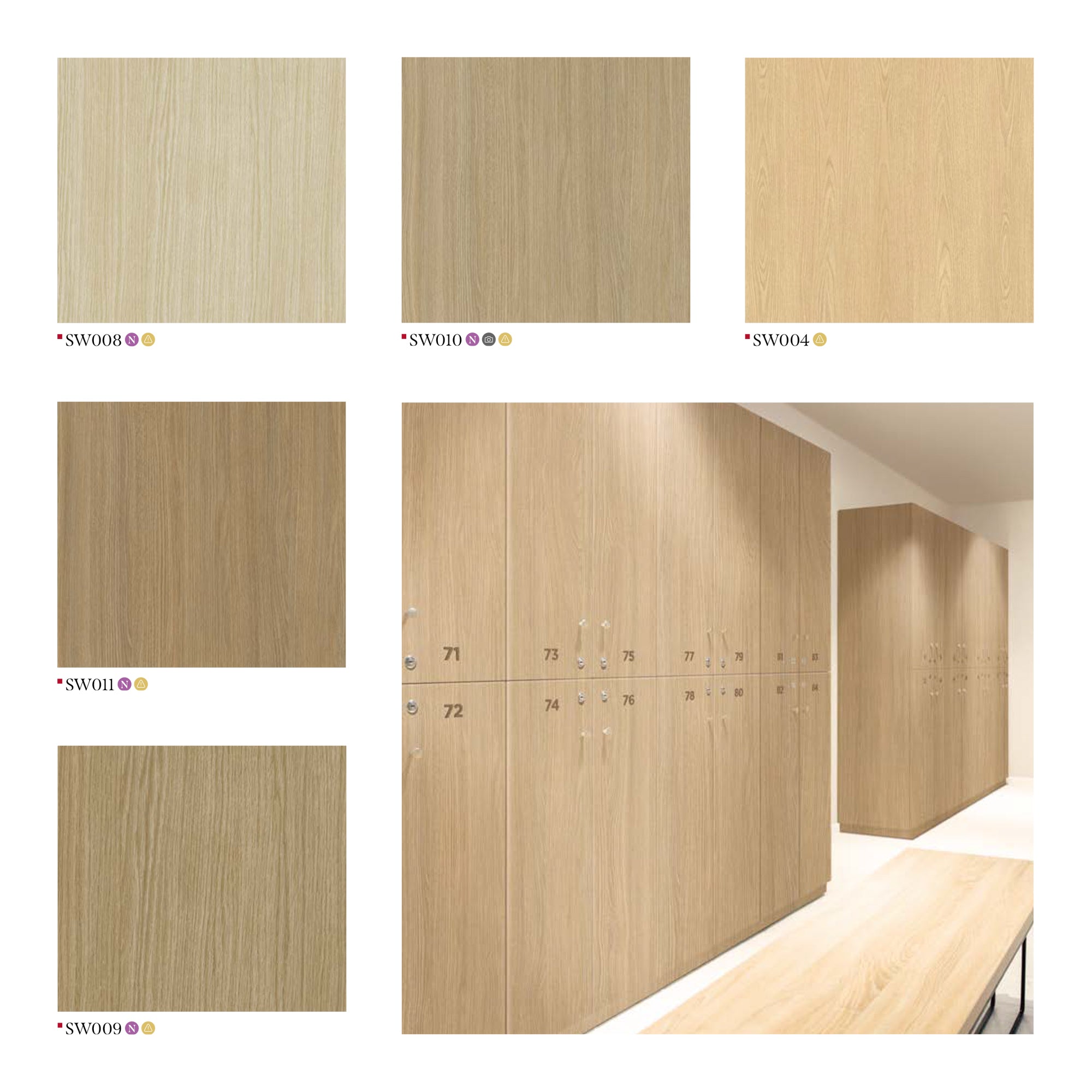 Spacious Locker Room with Light Wood Lockers & Numbered Doors, showcasing Various Wood Finishes