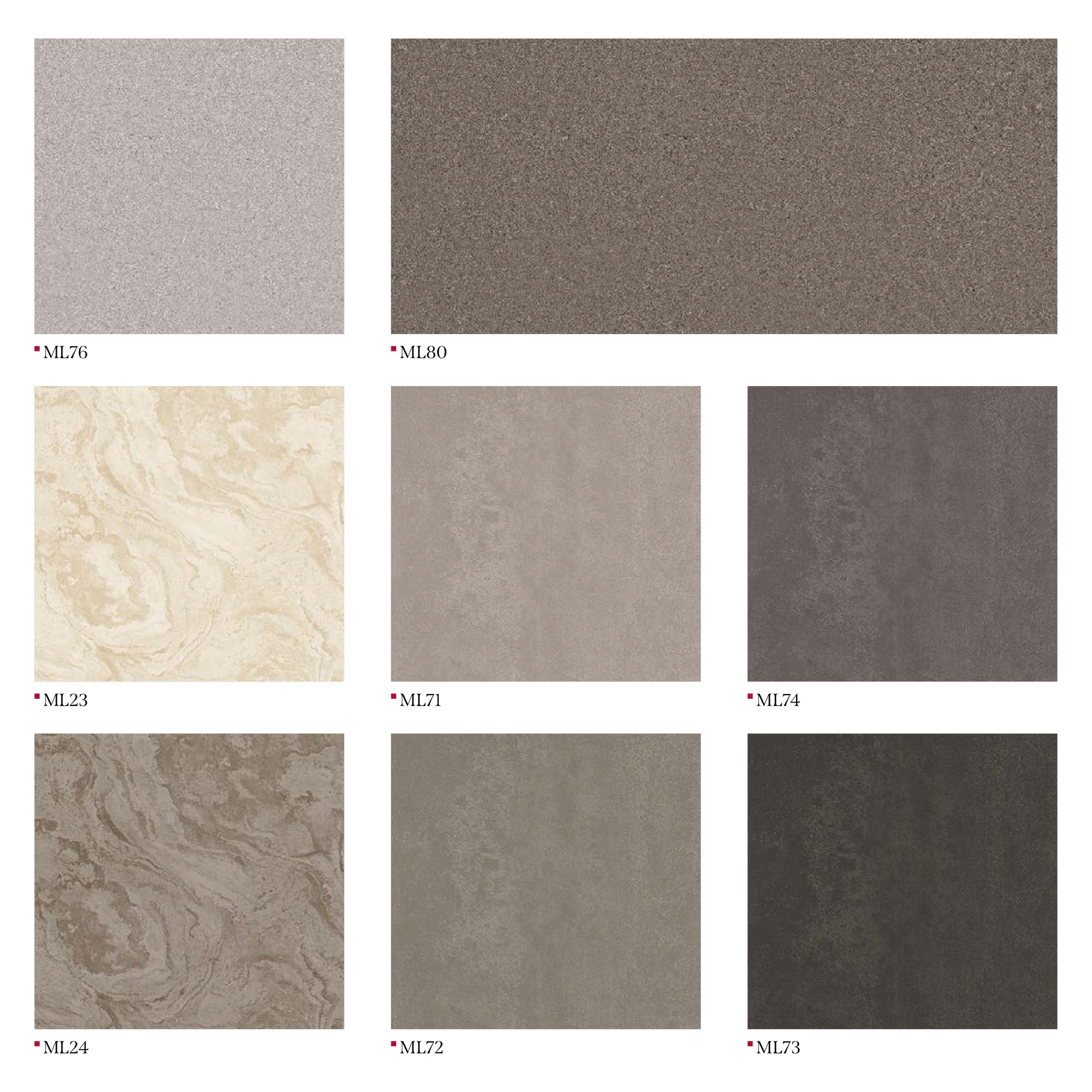 Nine Textured & Solid Color Swatches: Neutral to Dark Tones, including Marble-look Finishes