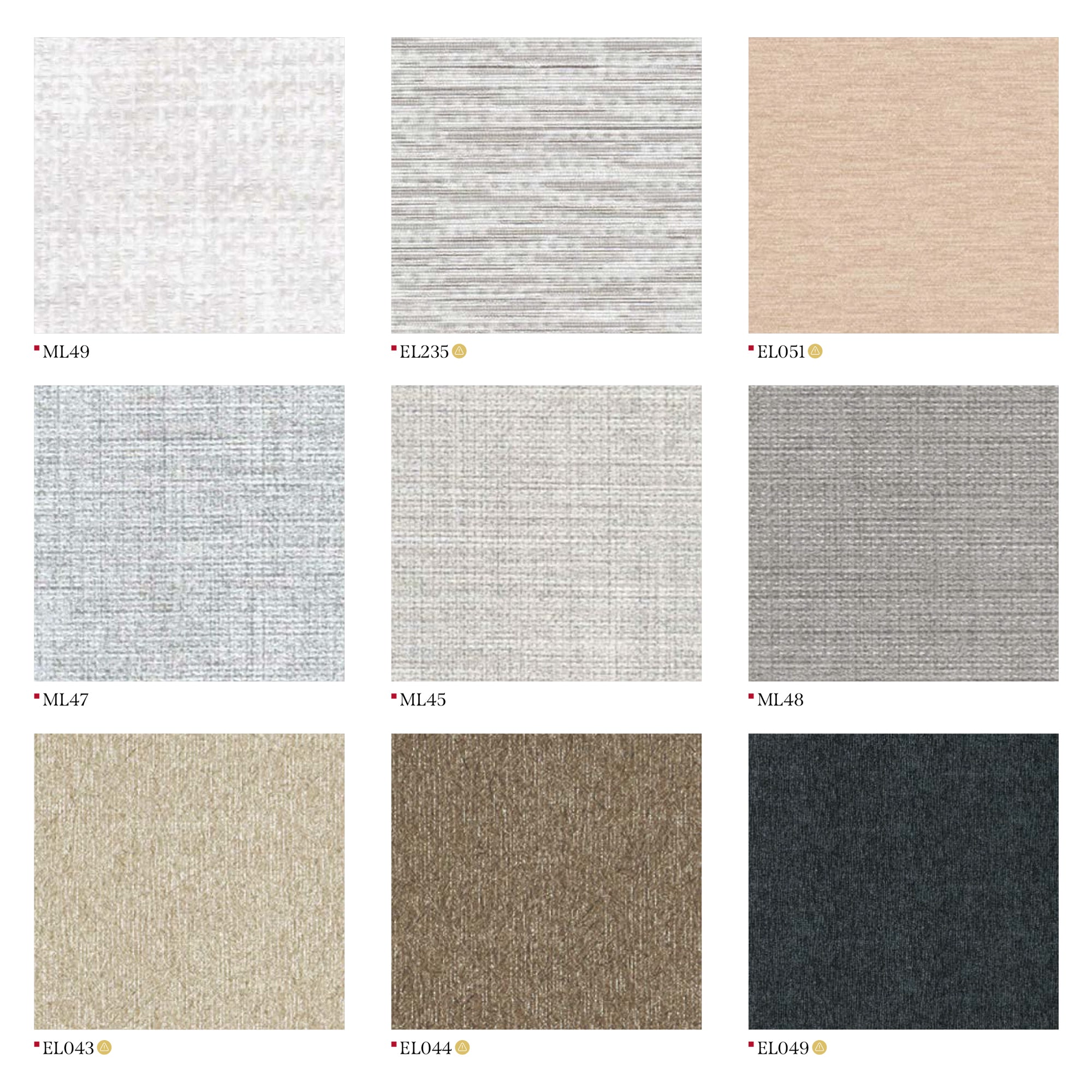 Nine Textured Fabric Swatches: Neutrals, Greys, and Dark Tones for Upholstery or Wall Coverings