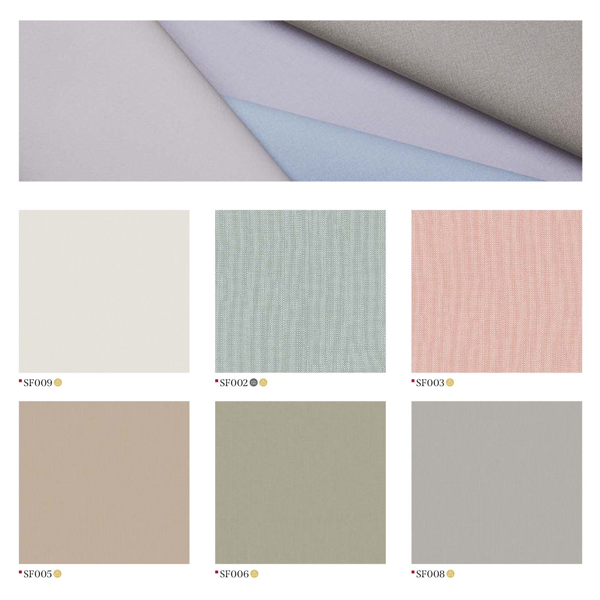 Six textured textile/wallcovering swatches in neutral and pastel tones