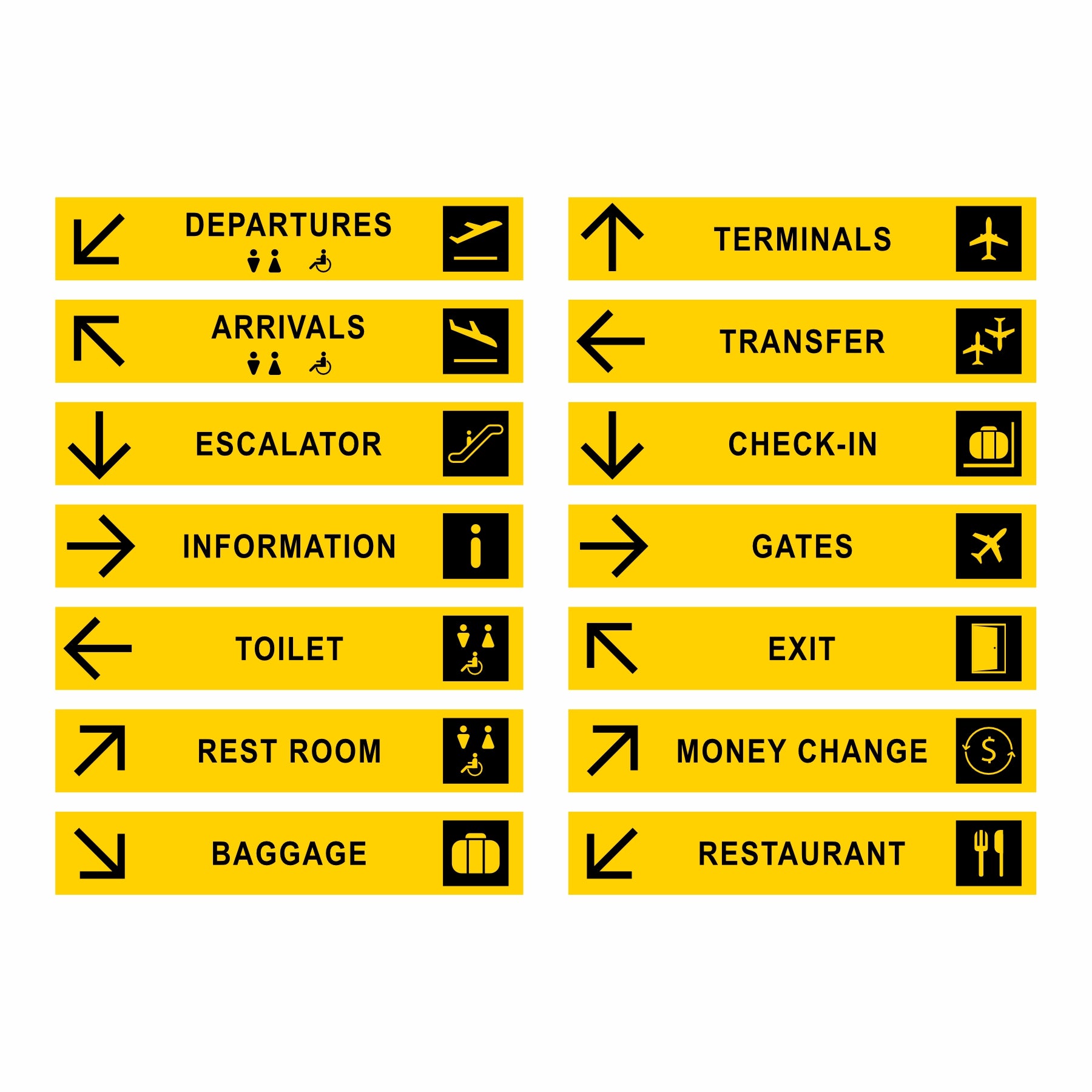 Yellow Airport Navigation & Information Wallpaper - Departures, Arrivals, Gates, Restroom, Check-in Sign Decals