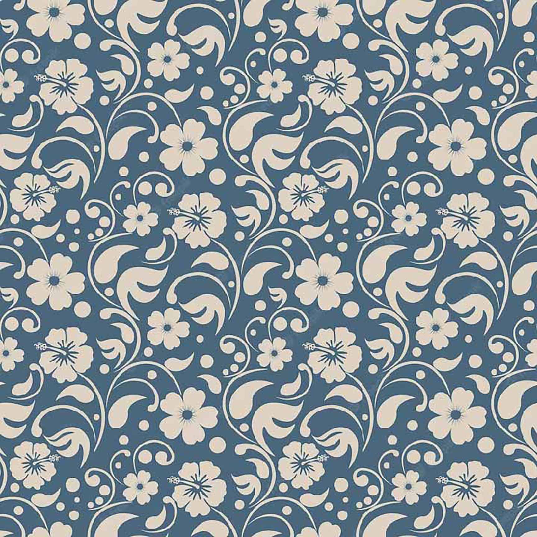 The Floral Wallpaper - Blue & Beige Vintage Floral Seamless Pattern - Classic Botanical Design.