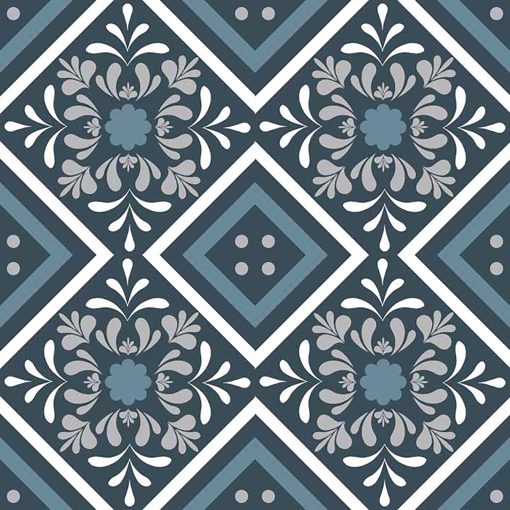The Floral Wallpaper - Blue & Grey Geometric Floral Tile Seamless Pattern - Classic Victorian Style