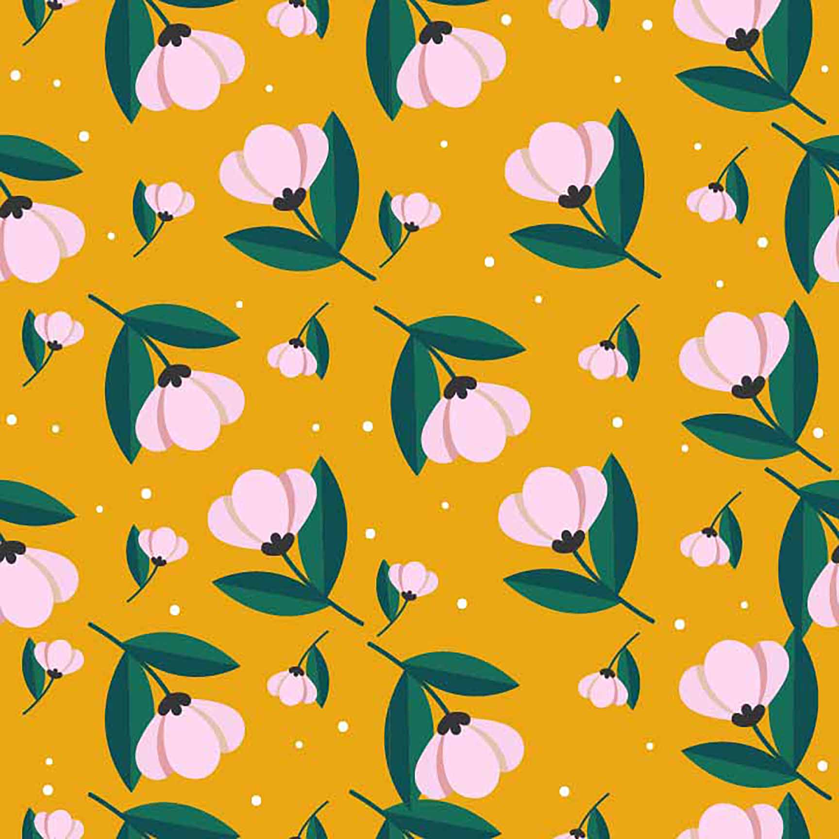 The Floral Wallpaper - Soft Pink Floral & Teal Leaf Seamless Pattern - Cute Botanical Design on Mustard Yellow