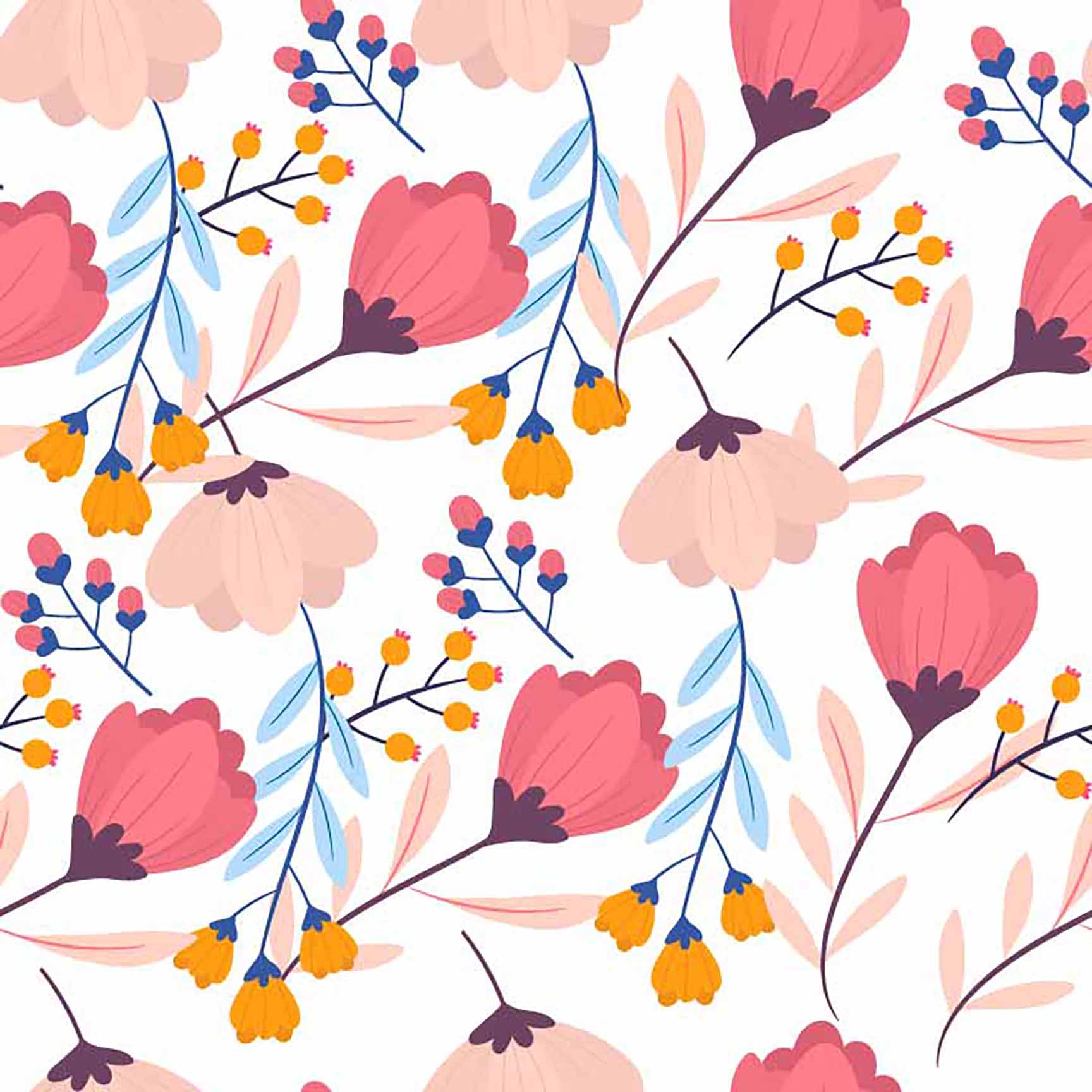 The Floral Wallpaper - Delicate Bloom & Berry Seamless Pattern - Soft Floral Design with Pink, Peach & Blue