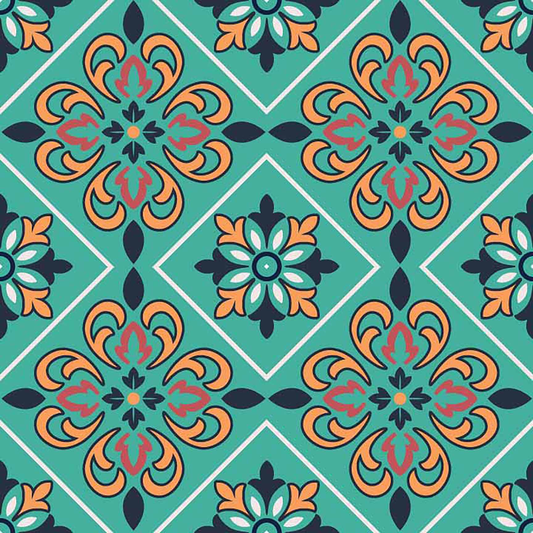 The Floral Wallpaper - Emerald Moroccan Tile Seamless Pattern - Retro Geometric Floral Design with Orange & Pink
