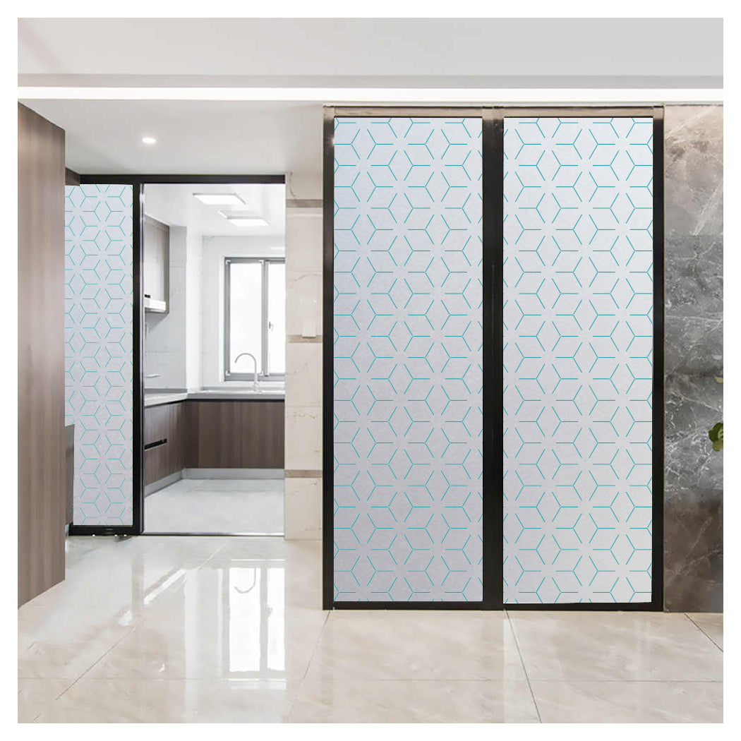 Glass Sliding Doors with Geometric Hexagon Pattern, leading to a Modern Kitchen