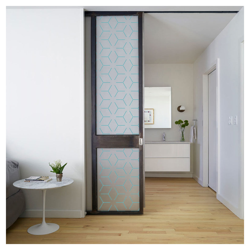 Glass Sliding Doors with Geometric Hexagon Pattern, leading to a Modern Kitchen