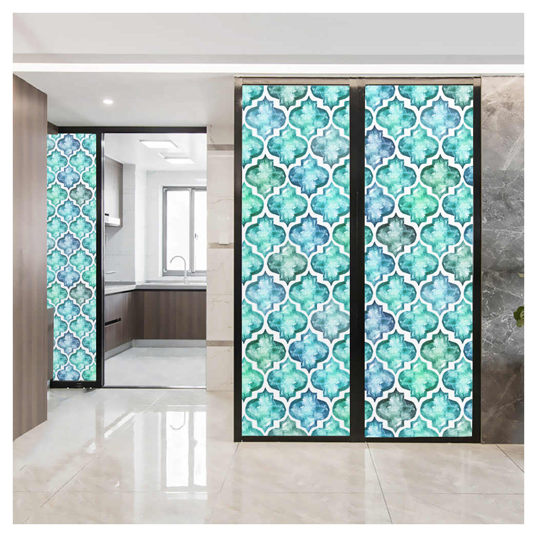 Bright Teal & Blue Moroccan Patterned Glass Sliding Door Films, ideal for Modern Kitchen Entryways