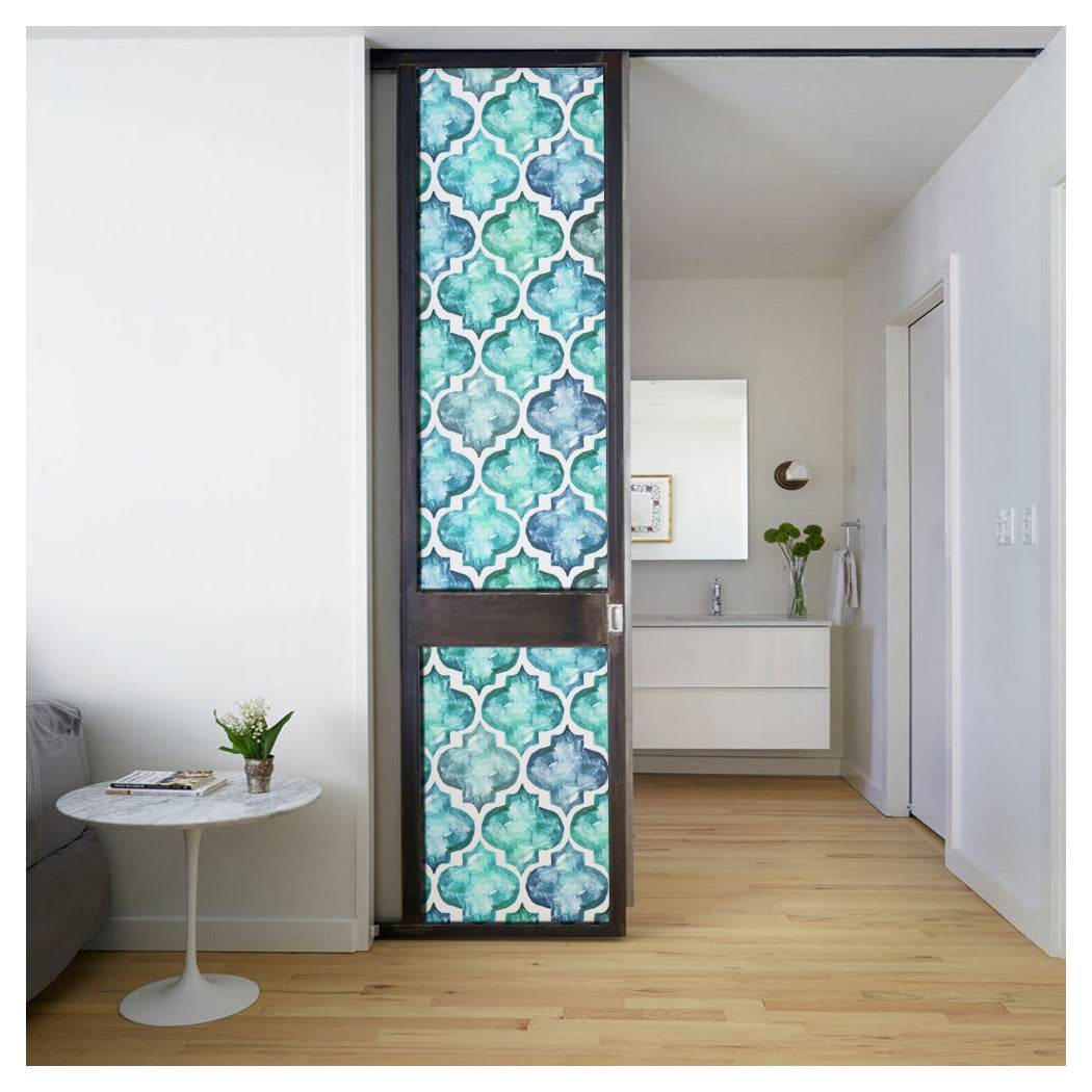 Bright Teal & Blue Moroccan Patterned Glass Sliding Door Films, ideal for Modern Kitchen Entryways