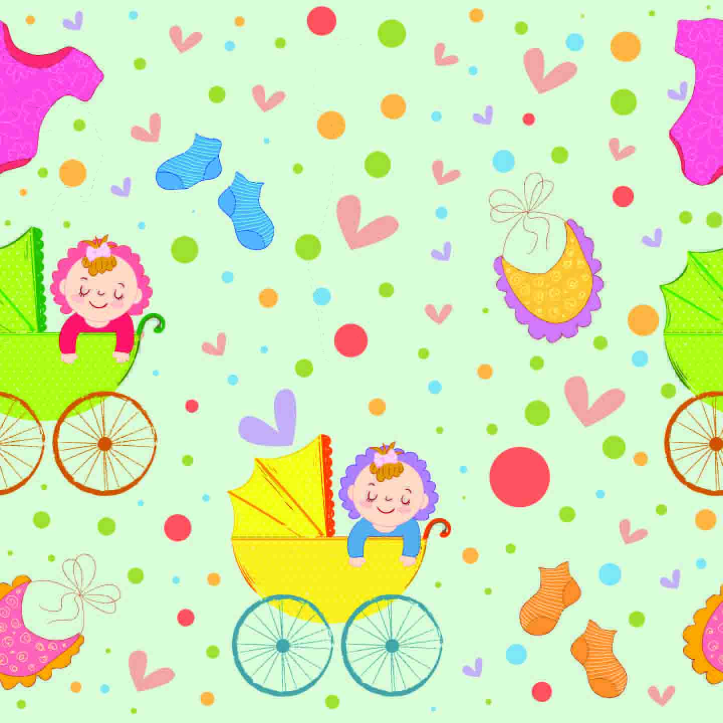 Adorable Baby Themed Seamless Pattern - Prams, Clothing & Confetti on Green