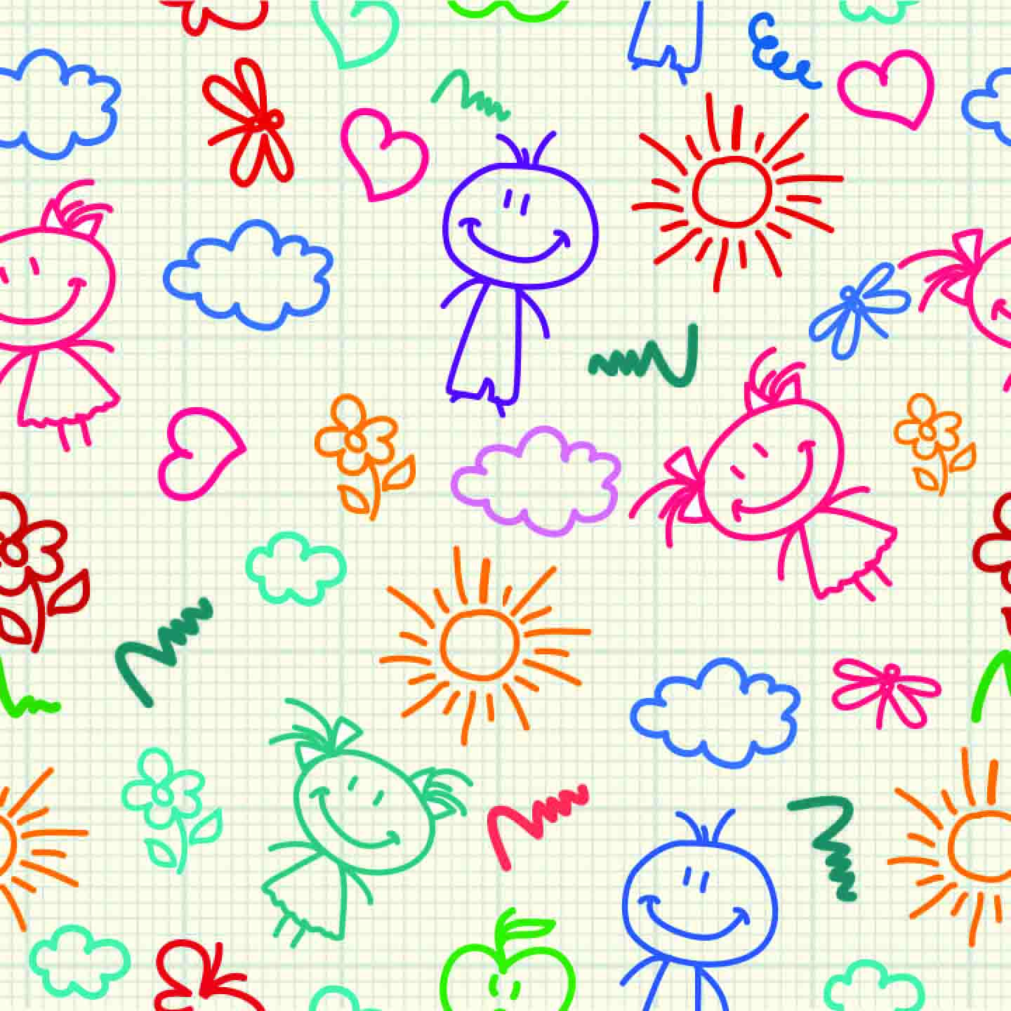 Playful Kids' Doodle Seamless Pattern - Colorful Hand-Drawn Figures & Icons