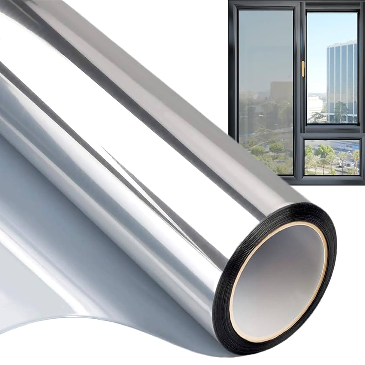 Silver Mirror Window Tint Film Roll with City View Overlay
