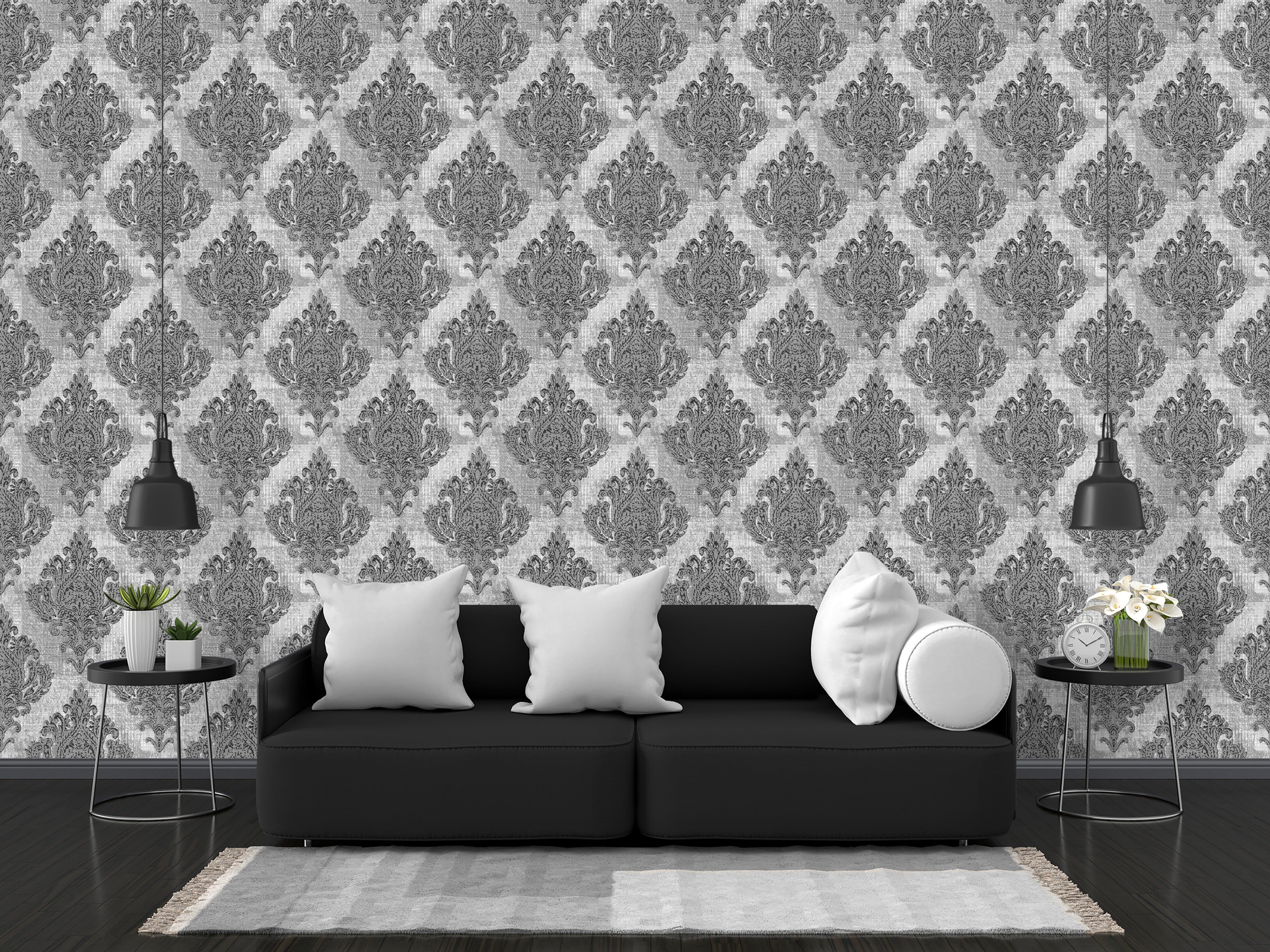 Elegant Grey Damask Pattern Wallpaper
